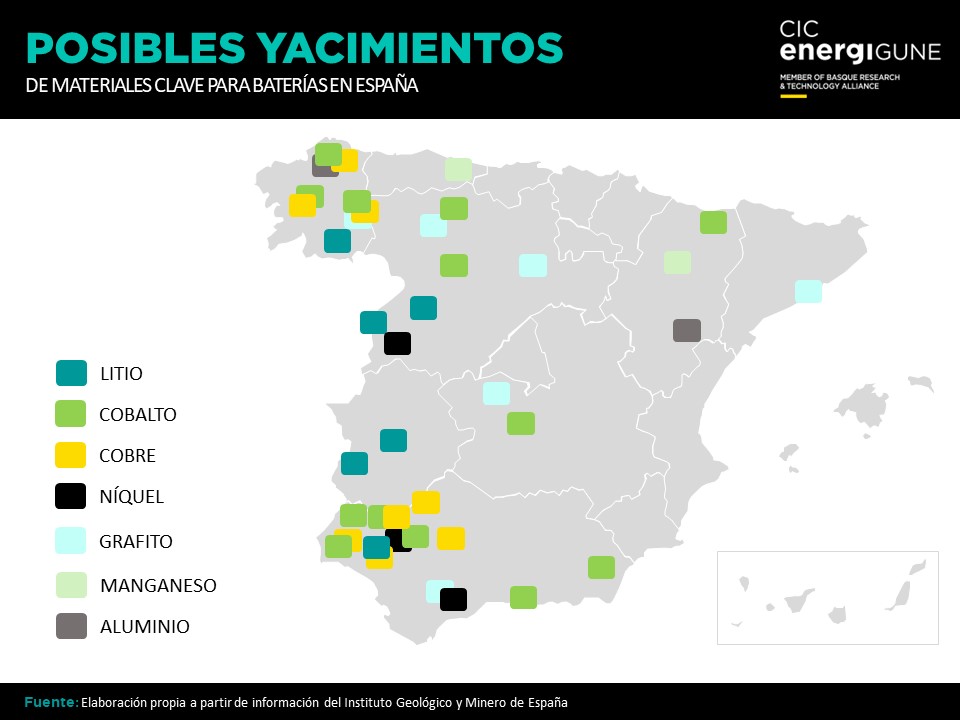 Mapa de España, donde se muestran las diferentes materias primas críticas para el desarrollo de baterías y dónde se pueden hallar en su mayoría.