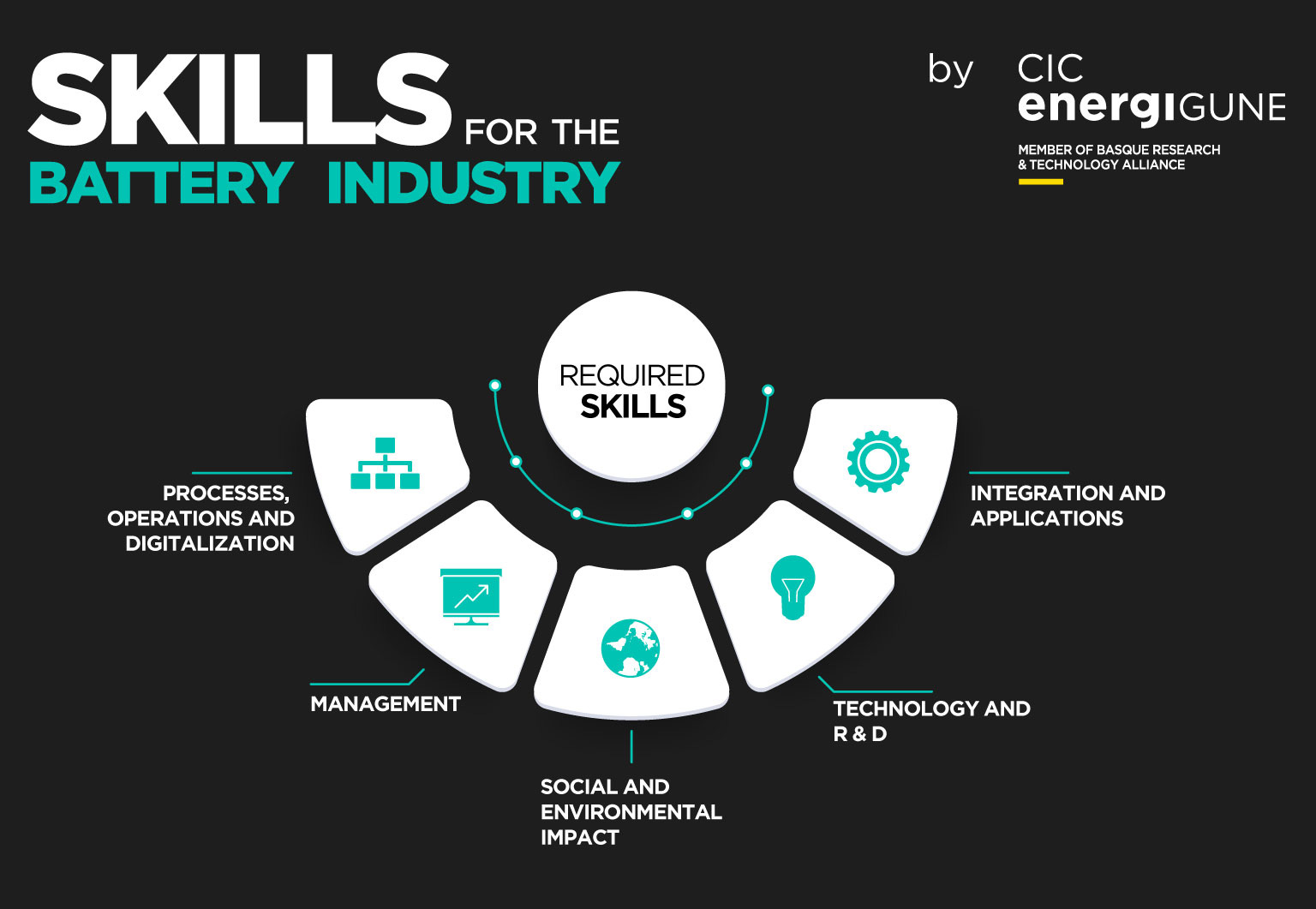 Required skills for the battery industry: processes, operations and digitalization, management, social and environmental impact, technology and R&D, and integration and applications.